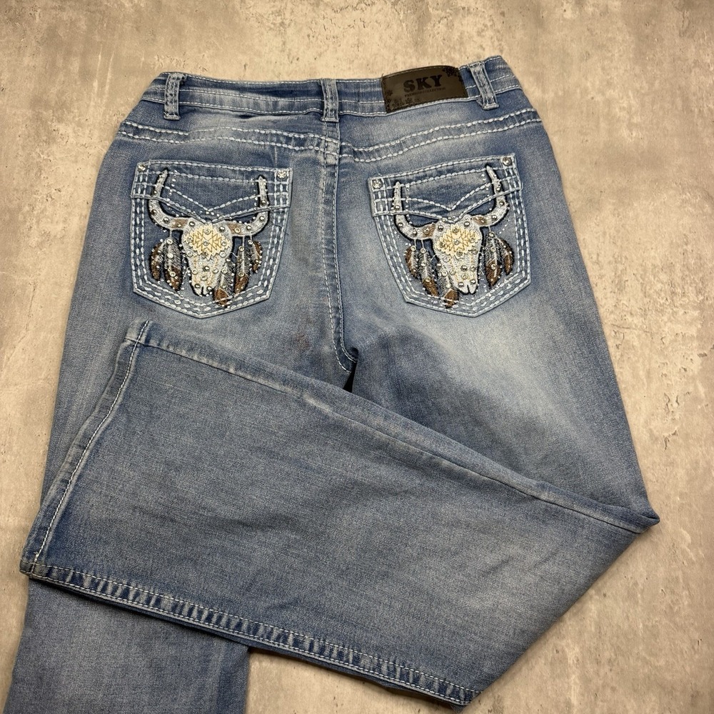 Sky Premium Collection Y2K Blue Embroidered Rhinestone Bootcut Jeans Size 13/14